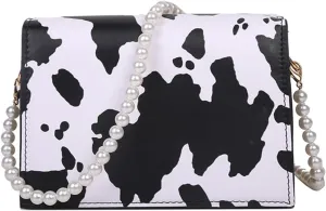 Cow Print Clutches Pearl Strap Evening Purse Mini Handbag Crossbody Bag