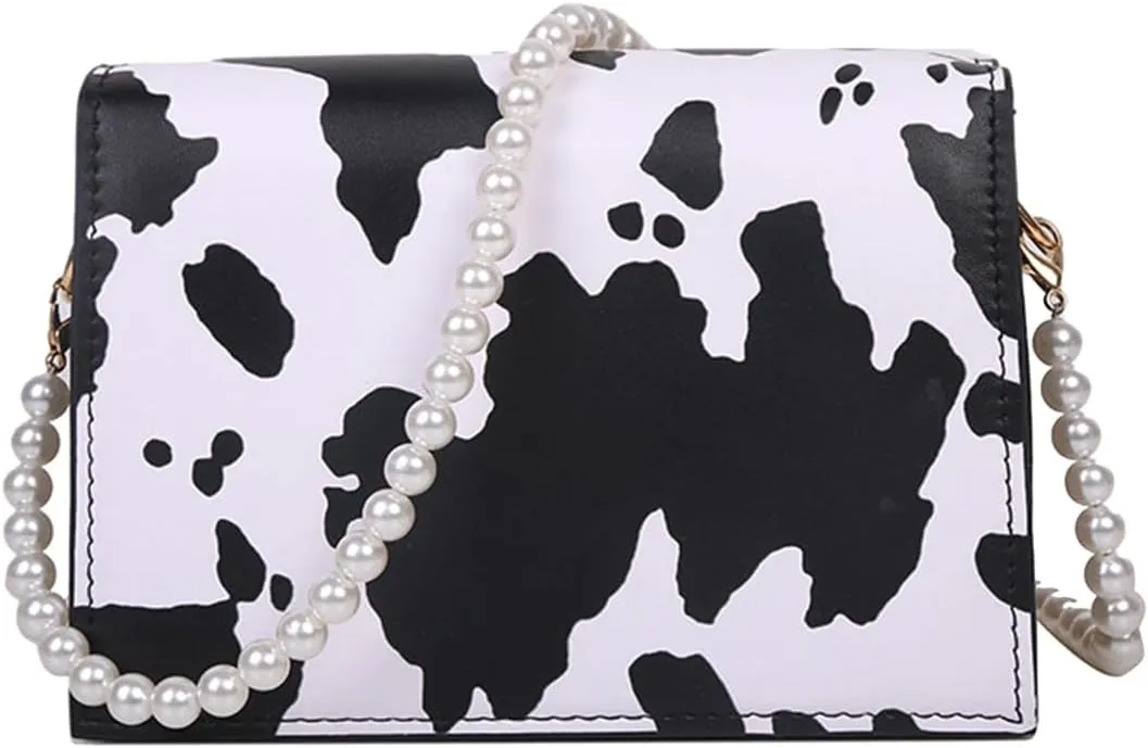 Cow Print Clutches Pearl Strap Evening Purse Mini Handbag Crossbody Bag