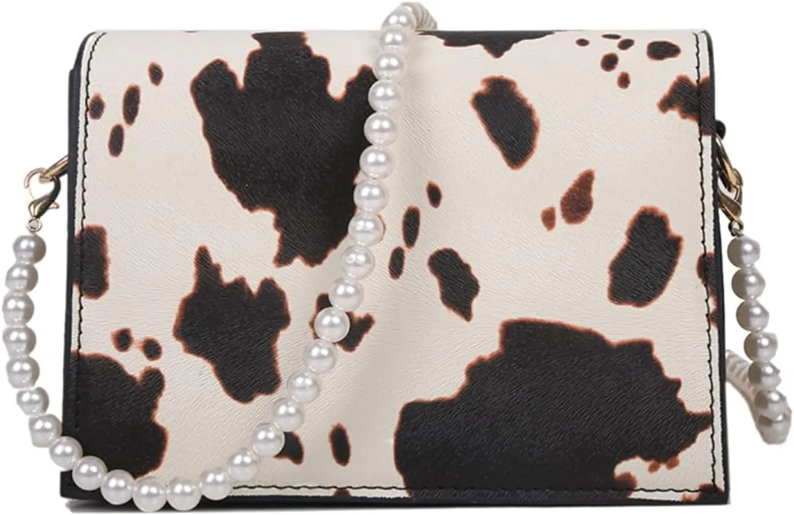 Cow Print Clutches Pearl Strap Evening Purse Mini Handbag Crossbody Bag