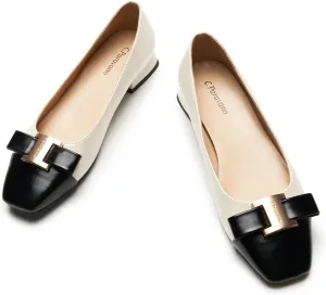 C.Paravano Women's Ballet Flats with Bowknot Detail & Square Toe - Chunky Low Block Heel Dressy Flats for Office, Wedding, Party & Date Night| Breathable Casual Work & Commuting Pumps(White&Black,6.5)