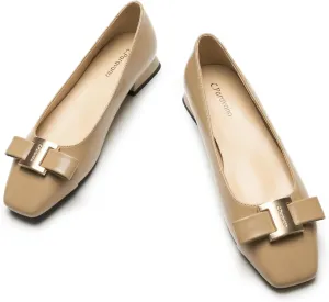C.Paravano Women's Chunky Block Heel Ballet Flats-Square Toe Bowknot Pumps|for Women Dressy,Office Work Shoes,Wedding Guest Attire,Spring Dressy Footwear|Solid Colors(Camel,10)
