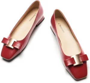 C.Paravano Women's Chunky Block Heel Ballet Flats-Square Toe Bowknot Pumps|for Women Dressy,Office Work Shoes,Wedding Guest Attire,Spring Dressy Footwear|Solid Colors(Red,8)