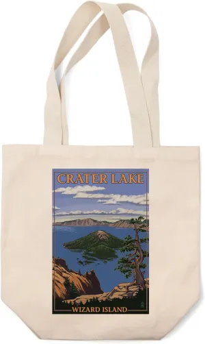Crater Lake, Oregon, Wizard Island View (100% Cotton Canvas Reusable Tote Bag)