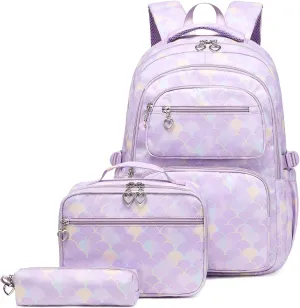 Createy 3Pcs Mermaid Backpack for Girls Backpacks Elementary Primary Middle School Bag Kids Backpack with Lunch Box Teen BookBags Set