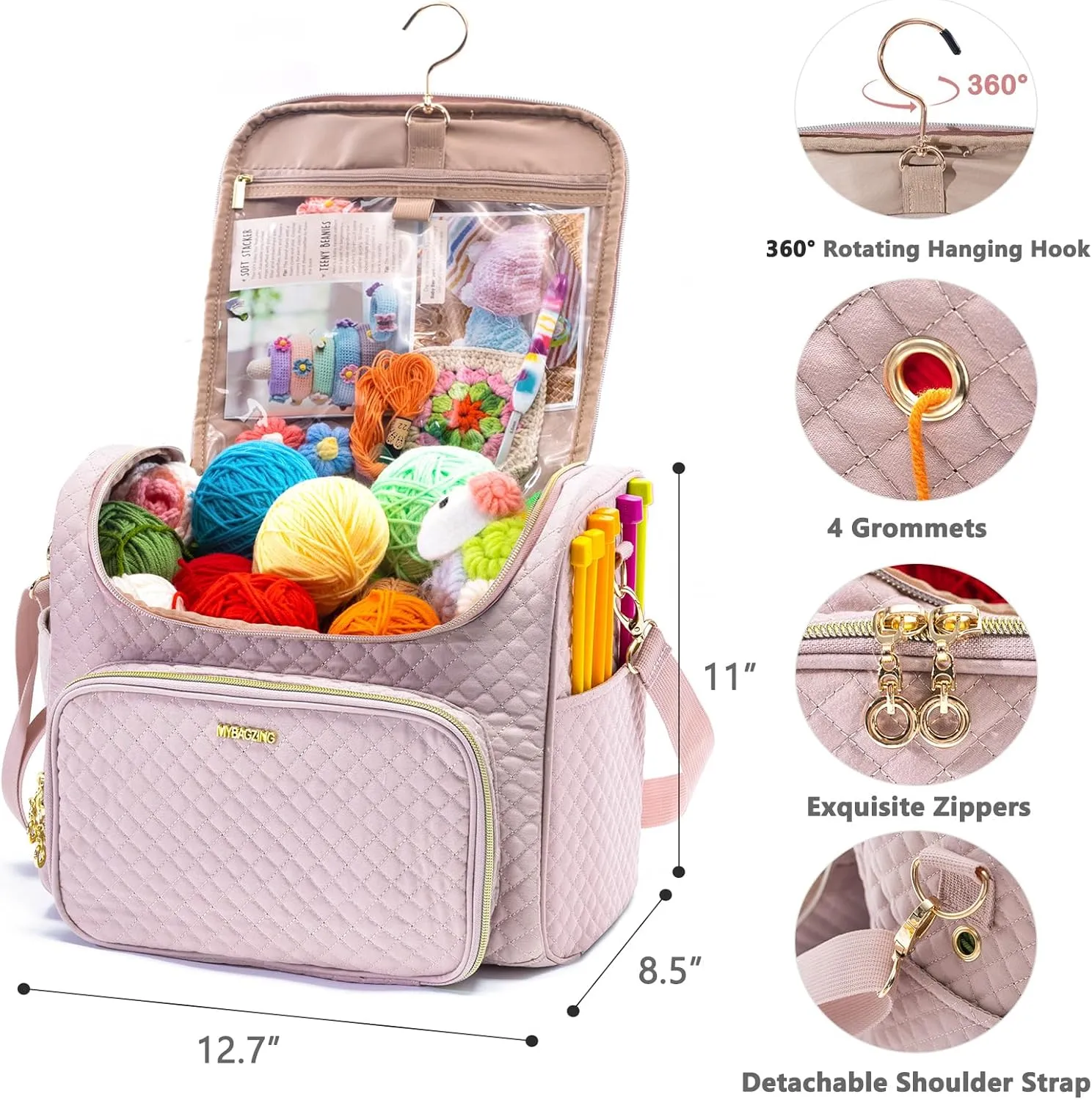 Crochet Bag Organizer - Quilted Storage Bag with Hanging Hook, Ideal for Knitting & Crochet Accessories