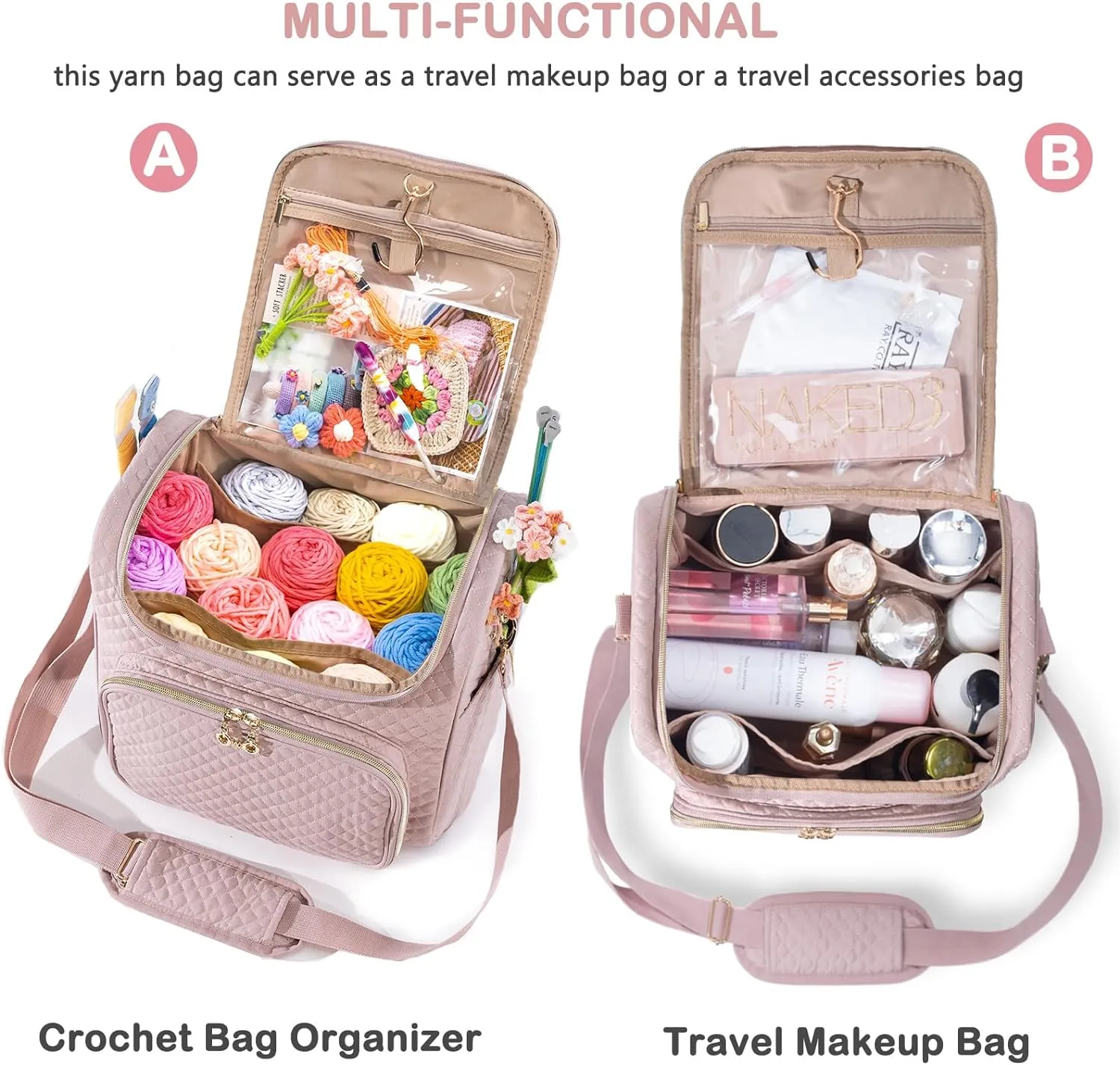 Crochet Bag Organizer - Quilted Storage Bag with Hanging Hook, Ideal for Knitting & Crochet Accessories