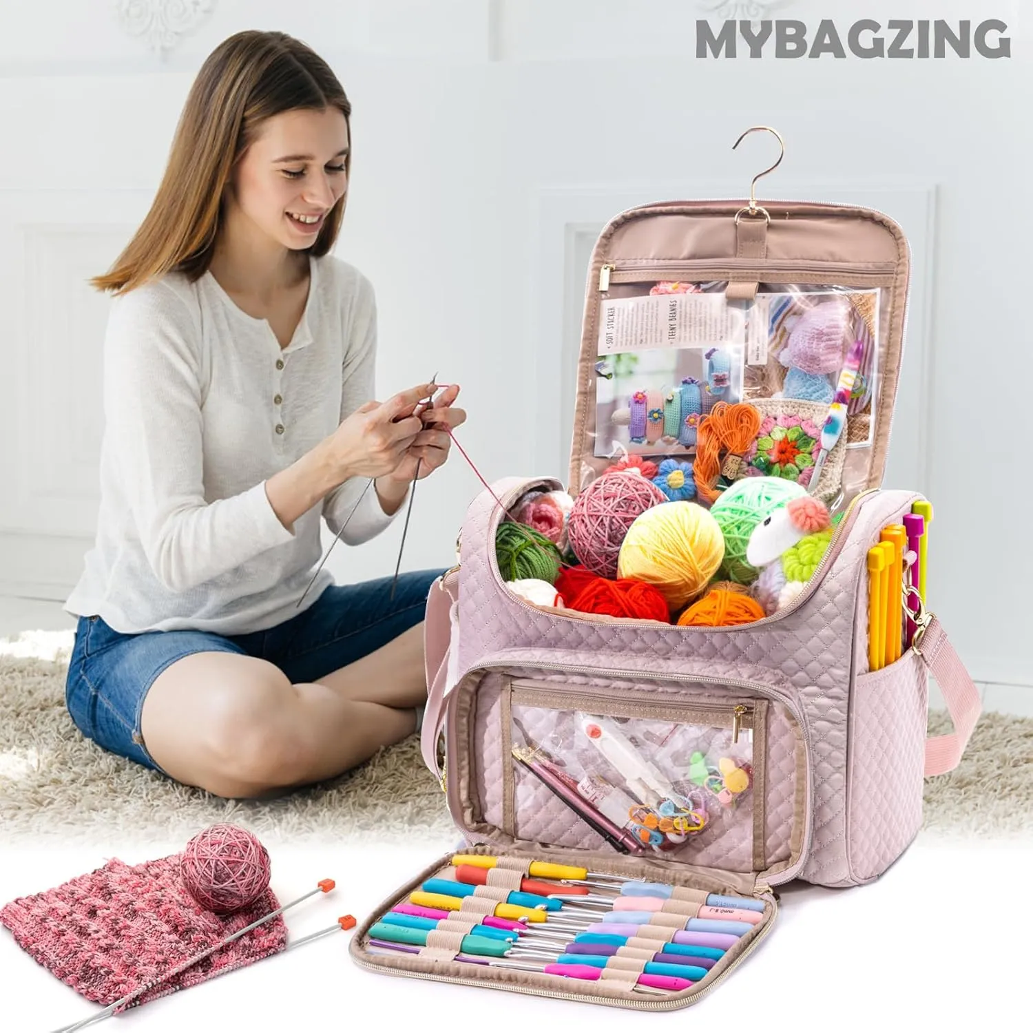 Crochet Bag Organizer - Quilted Storage Bag with Hanging Hook, Ideal for Knitting & Crochet Accessories