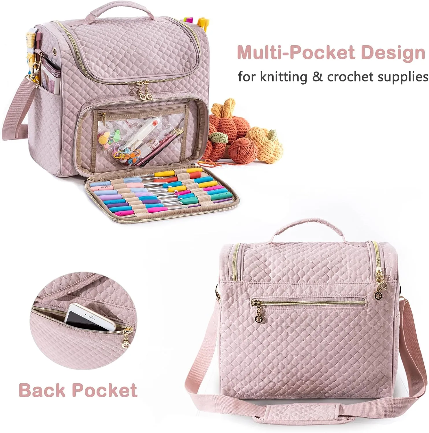 Crochet Bag Organizer - Quilted Storage Bag with Hanging Hook, Ideal for Knitting & Crochet Accessories