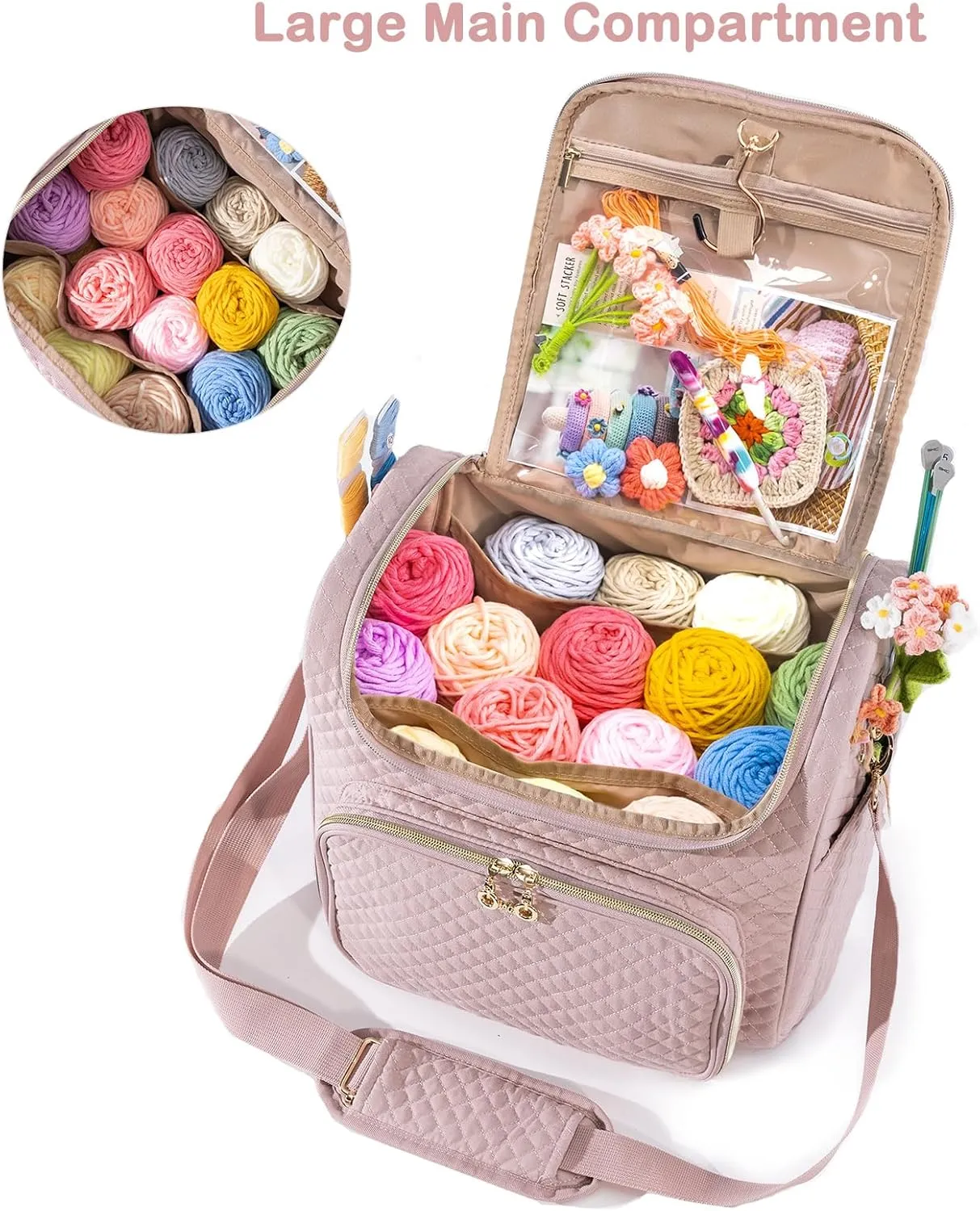 Crochet Bag Organizer - Quilted Storage Bag with Hanging Hook, Ideal for Knitting & Crochet Accessories