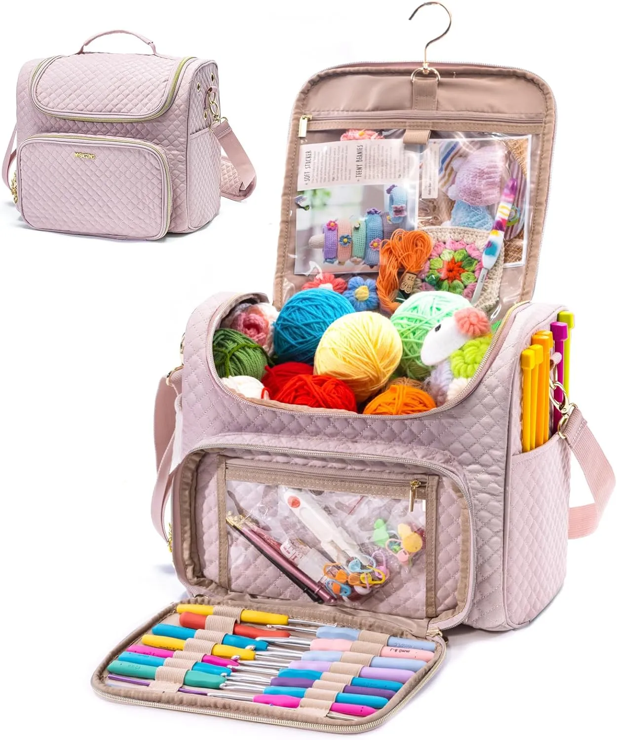 Crochet Bag Organizer - Quilted Storage Bag with Hanging Hook, Ideal for Knitting & Crochet Accessories