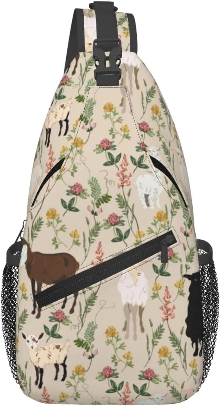 Cross Body Sling Bag For Women Men Painted Cute Goat Flower Crossbody Bag Anti Theft Chest Bag Shoulder Backpack Travel Hiking Daypack Large Sling Cross Body Bag