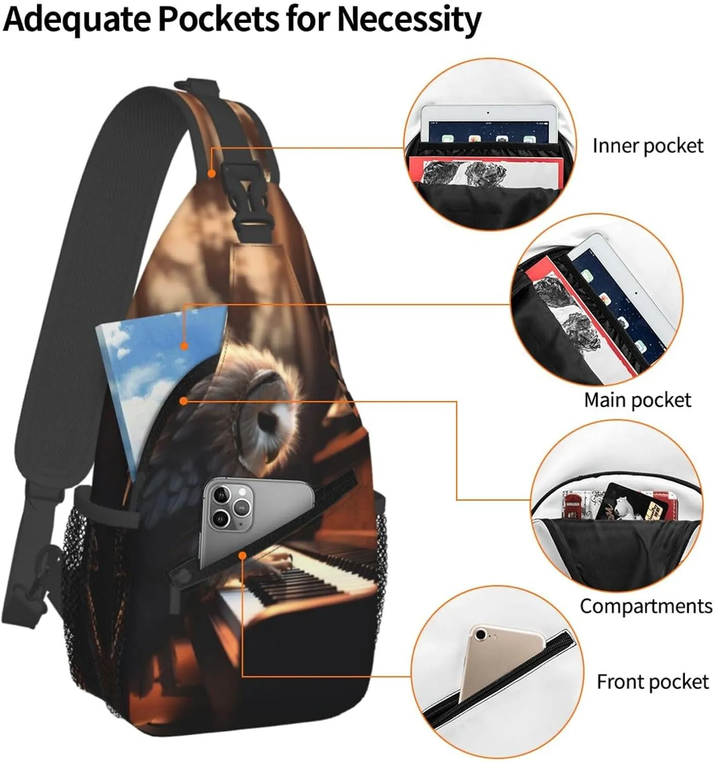 Cross Chest Bag Sling Backpack Owl Plays Piano Sling Bag Crossbody Shoulder Bag Travel Hiking Daypack