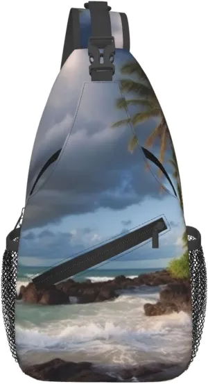 Cross Chest Bag Sling Backpack Palm Trees Clouds Tropical Coast Sling Bag Crossbody Shoulder Bag Travel Hiking Daypack