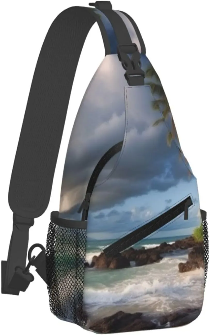 Cross Chest Bag Sling Backpack Palm Trees Clouds Tropical Coast Sling Bag Crossbody Shoulder Bag Travel Hiking Daypack
