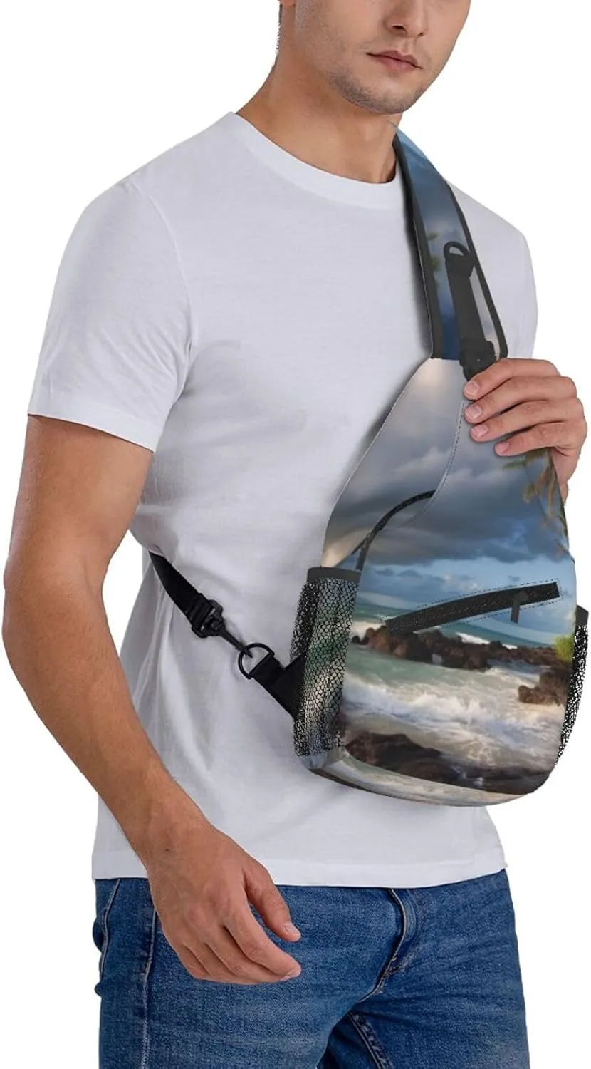 Cross Chest Bag Sling Backpack Palm Trees Clouds Tropical Coast Sling Bag Crossbody Shoulder Bag Travel Hiking Daypack