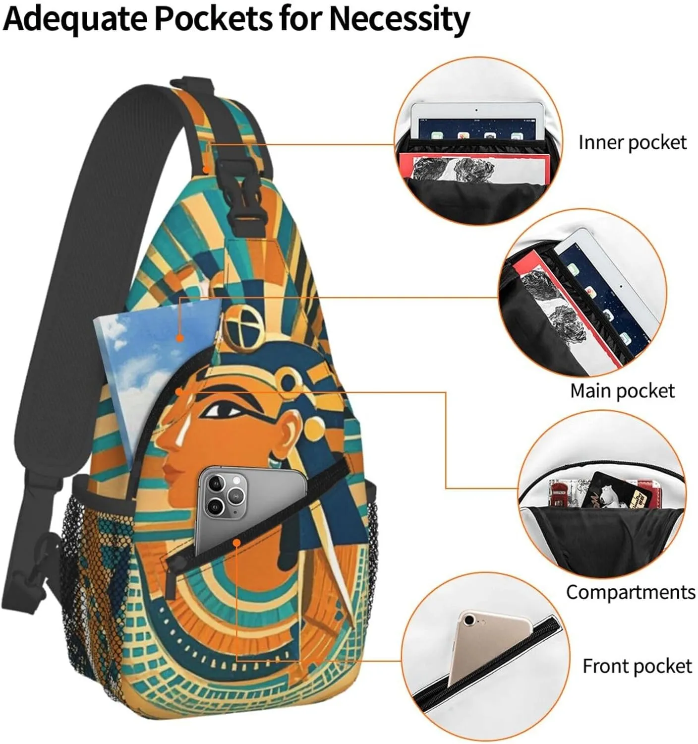 Crossbody Bag for Women Men Ancient Egyptian Hieroglyph Chest Bag Crossbody Sling Bag Adjustable Shoulder Bag