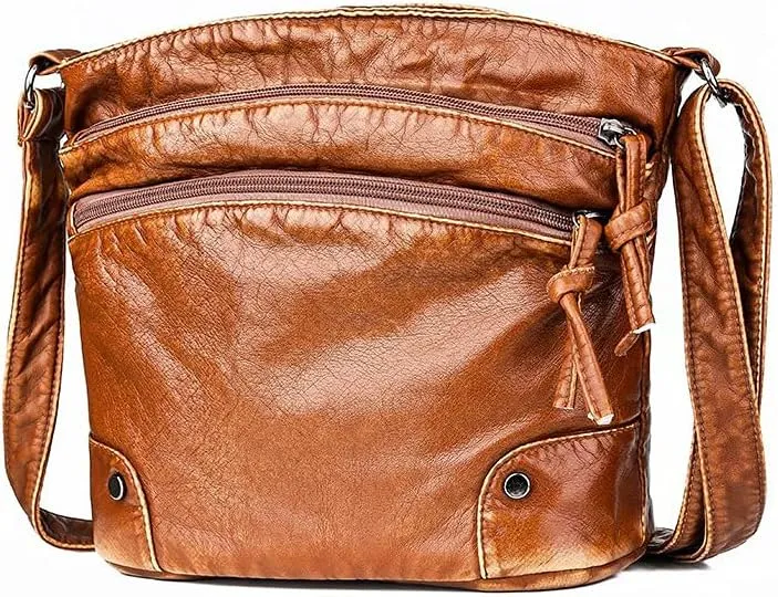 Crossbody Bag for Women Three Zipper Pocket Single Shoulder Bag Leather Handbag Large Capacity Satchel