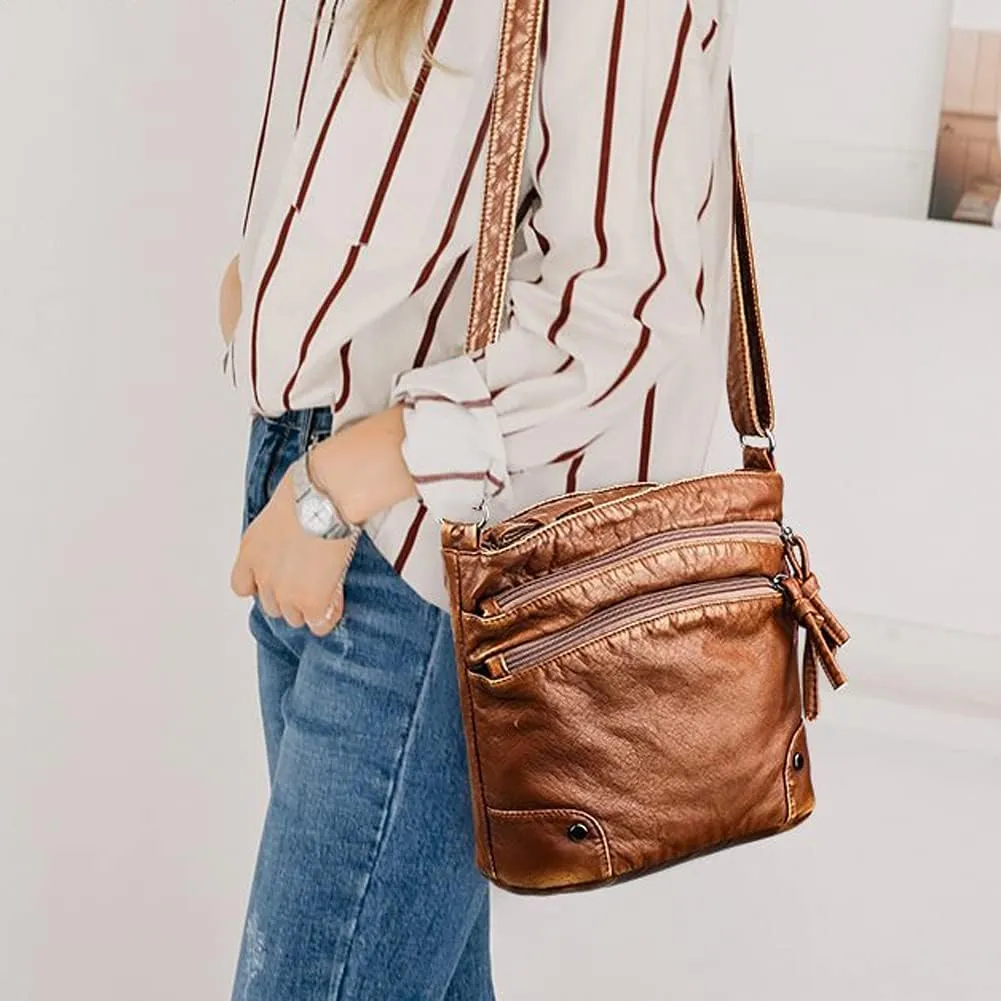 Crossbody Bag for Women Three Zipper Pocket Single Shoulder Bag Leather Handbag Large Capacity Satchel