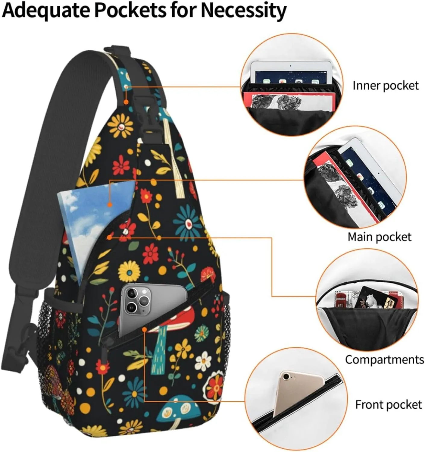 Crossbody Bags For Women Men Mushroom Flowers Black Sling Backpack Chest Shoulder Bag Gym Cycling Travel Hiking Daypack