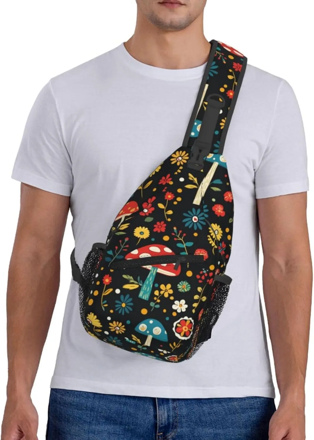 Crossbody Bags For Women Men Mushroom Flowers Black Sling Backpack Chest Shoulder Bag Gym Cycling Travel Hiking Daypack