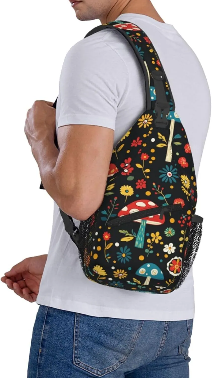Crossbody Bags For Women Men Mushroom Flowers Black Sling Backpack Chest Shoulder Bag Gym Cycling Travel Hiking Daypack