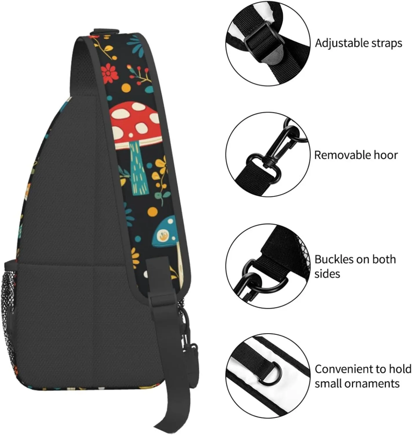 Crossbody Bags For Women Men Mushroom Flowers Black Sling Backpack Chest Shoulder Bag Gym Cycling Travel Hiking Daypack