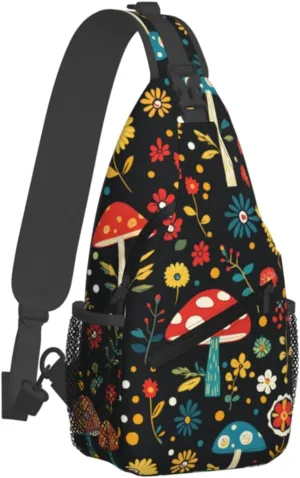 Crossbody Bags For Women Men Mushroom Flowers Black Sling Backpack Chest Shoulder Bag Gym Cycling Travel Hiking Daypack