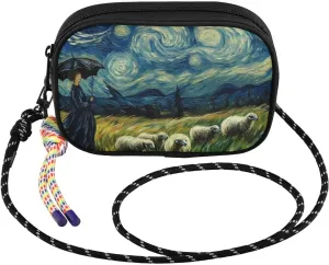 Crossbody Bags for Women Sheep Woman Starry Night Cell Phone Purses Women's Shoulder Handbag Wallet Purse with Rope Pendant