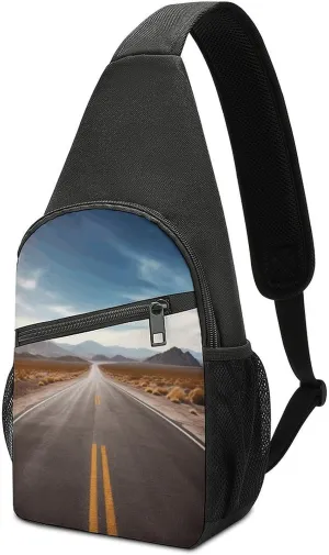 Crossbody Bags Sling Bag for Women Men,Desert Landscape Highway Printed Sling Backpack,Waterproof Bag with Convertible Shoulder Strap,Shoulder Chest Bag for Hiking Traveling