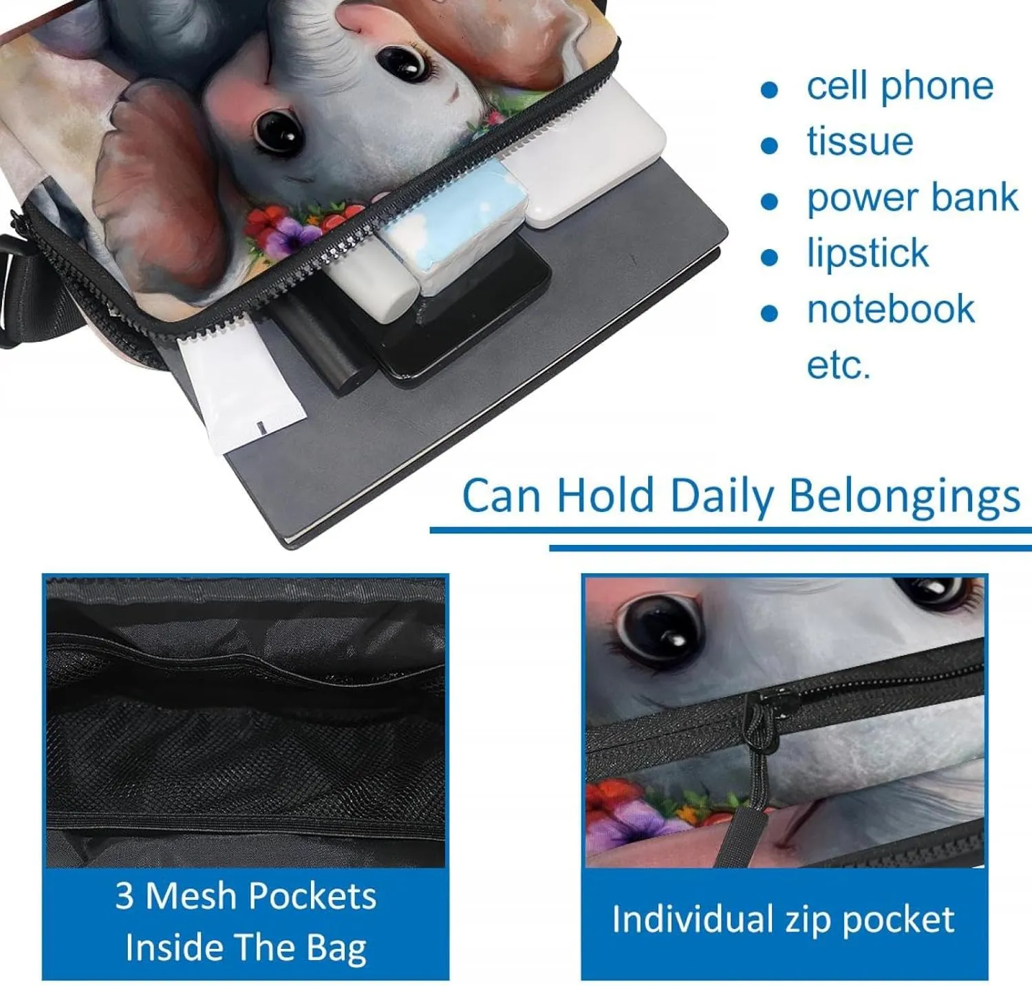 Crossbody Belt Bag for Women Men, Lovely Elephant Garland Print Fanny Packs with Zipper Pockets,Waterproof Waist Packs with Adjustable Strap for Workout Running Traveling Hiking
