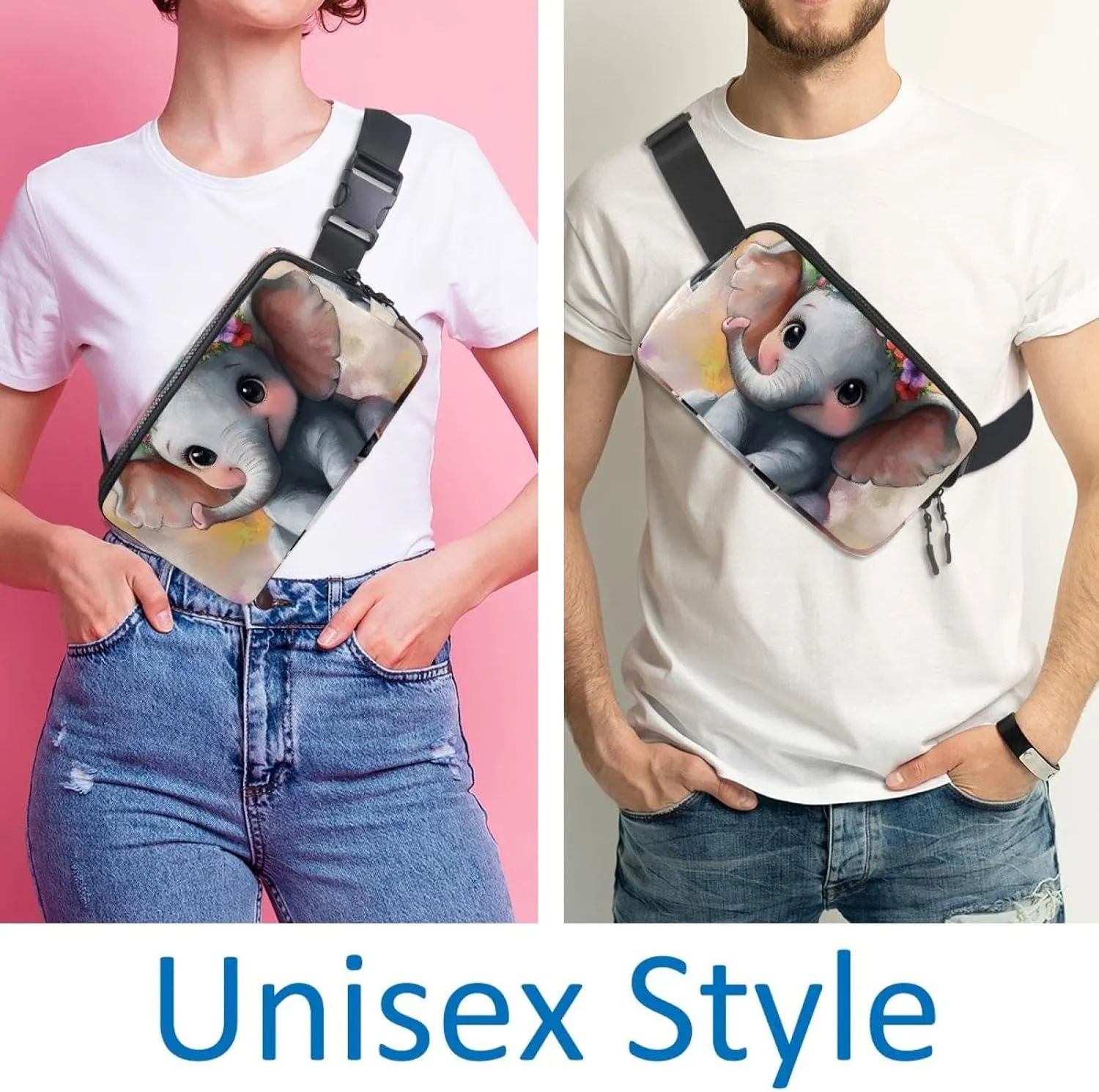 Crossbody Belt Bag for Women Men, Lovely Elephant Garland Print Fanny Packs with Zipper Pockets,Waterproof Waist Packs with Adjustable Strap for Workout Running Traveling Hiking