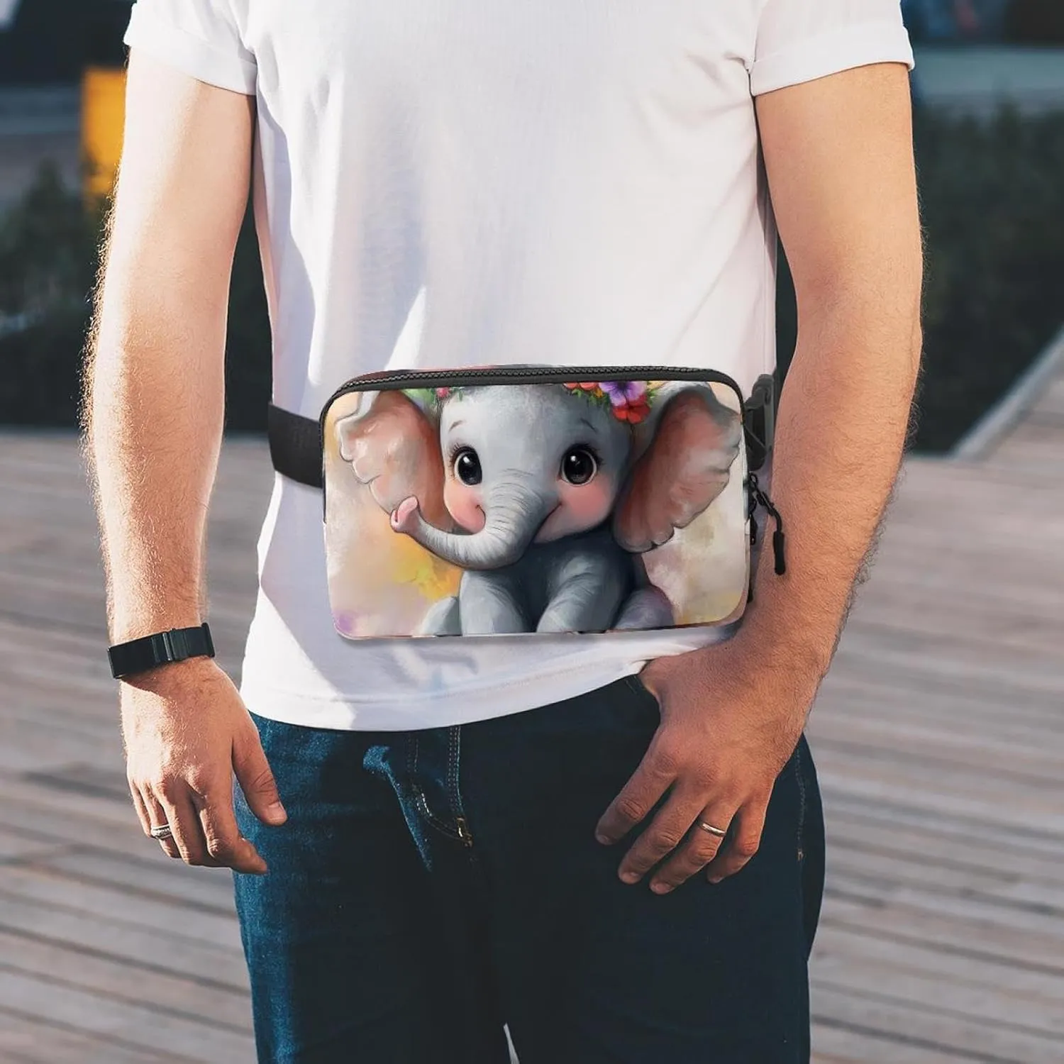 Crossbody Belt Bag for Women Men, Lovely Elephant Garland Print Fanny Packs with Zipper Pockets,Waterproof Waist Packs with Adjustable Strap for Workout Running Traveling Hiking