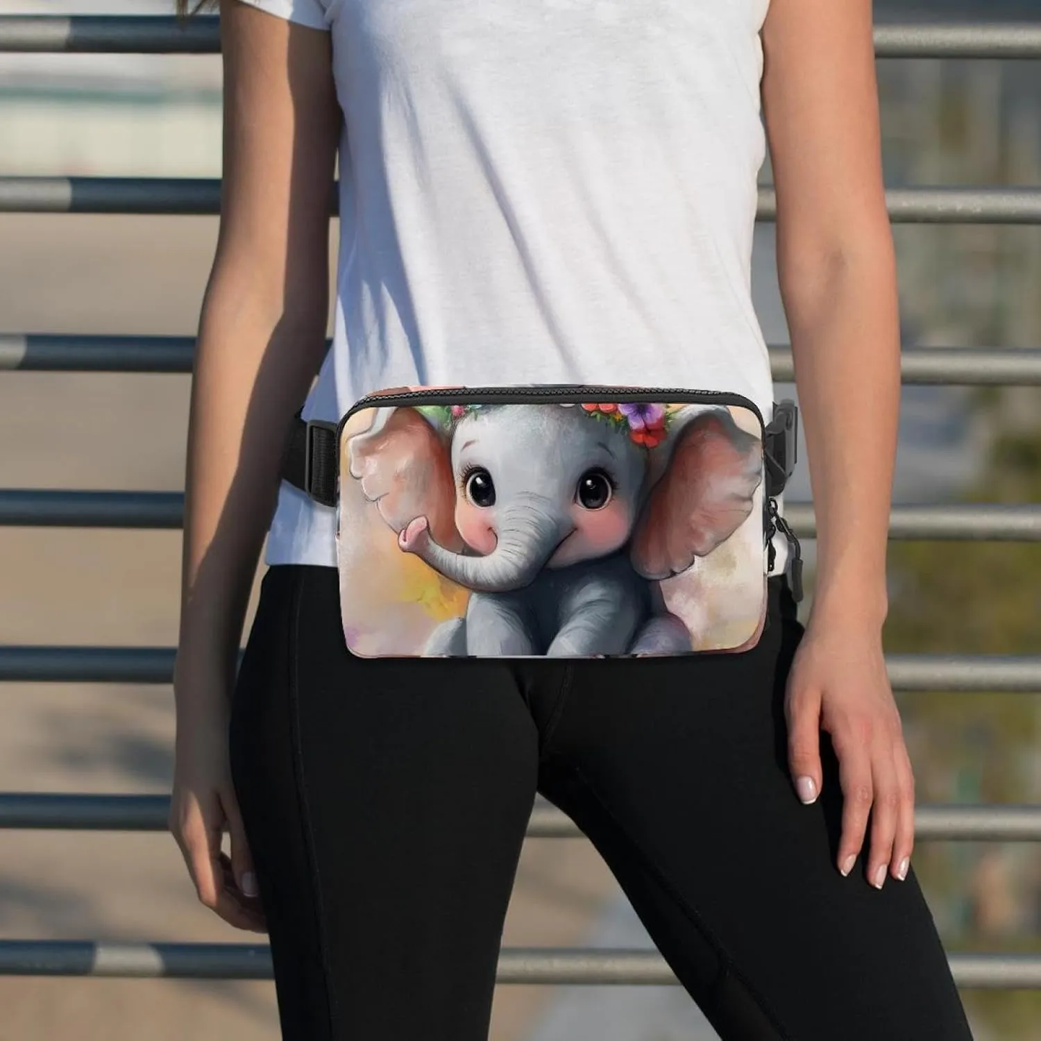 Crossbody Belt Bag for Women Men, Lovely Elephant Garland Print Fanny Packs with Zipper Pockets,Waterproof Waist Packs with Adjustable Strap for Workout Running Traveling Hiking