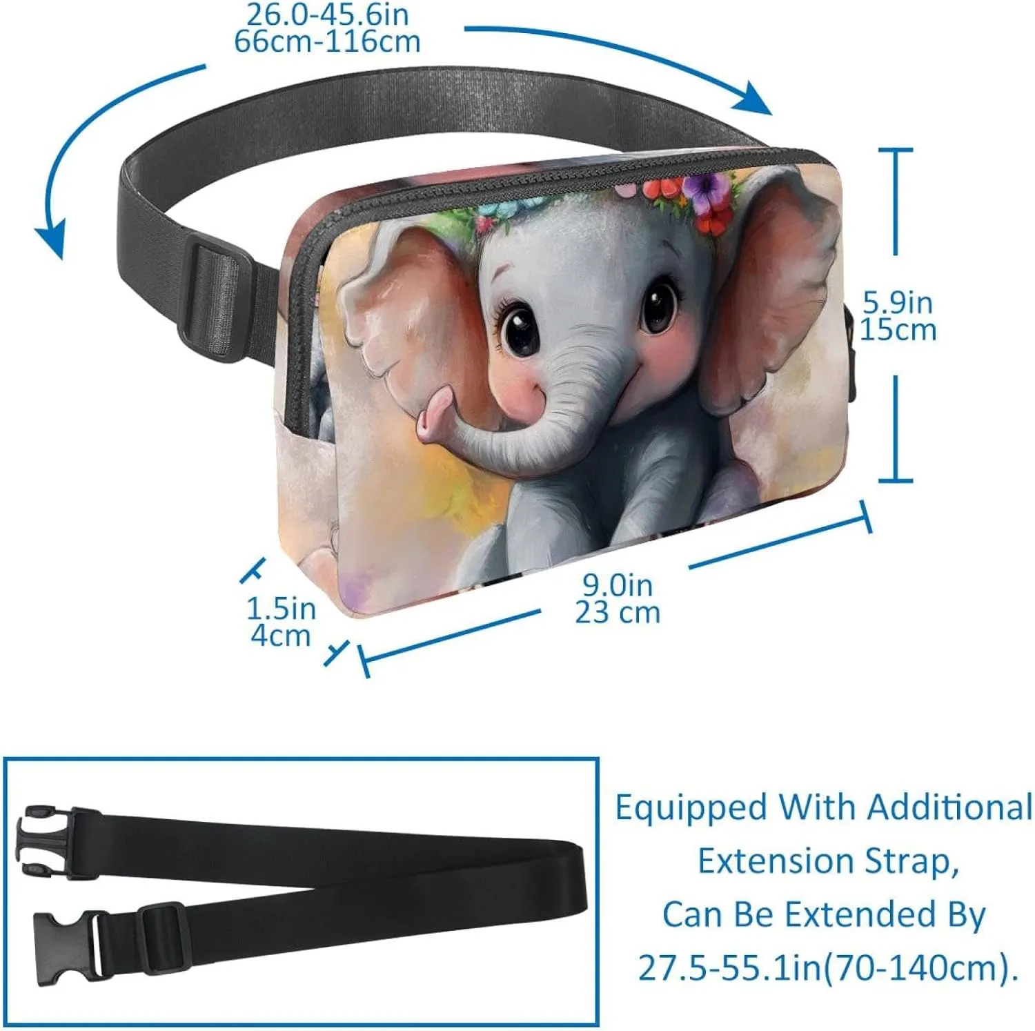 Crossbody Belt Bag for Women Men, Lovely Elephant Garland Print Fanny Packs with Zipper Pockets,Waterproof Waist Packs with Adjustable Strap for Workout Running Traveling Hiking