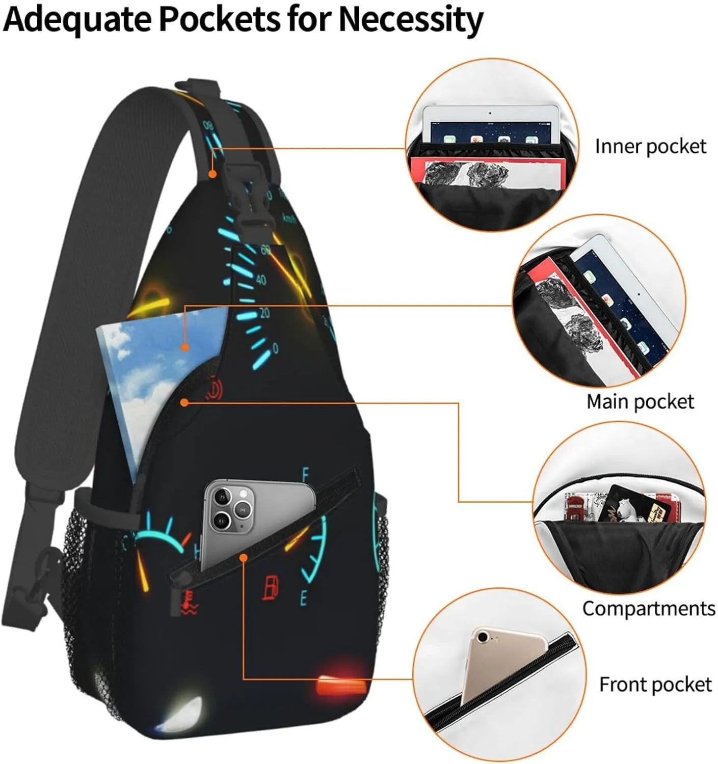 Crossbody Sling Bag for Men Women, Car Dashboard Indicators Scales Sling Backpack Shoulder Chest Bag, Anti Theft Travel Hiking Daypacks