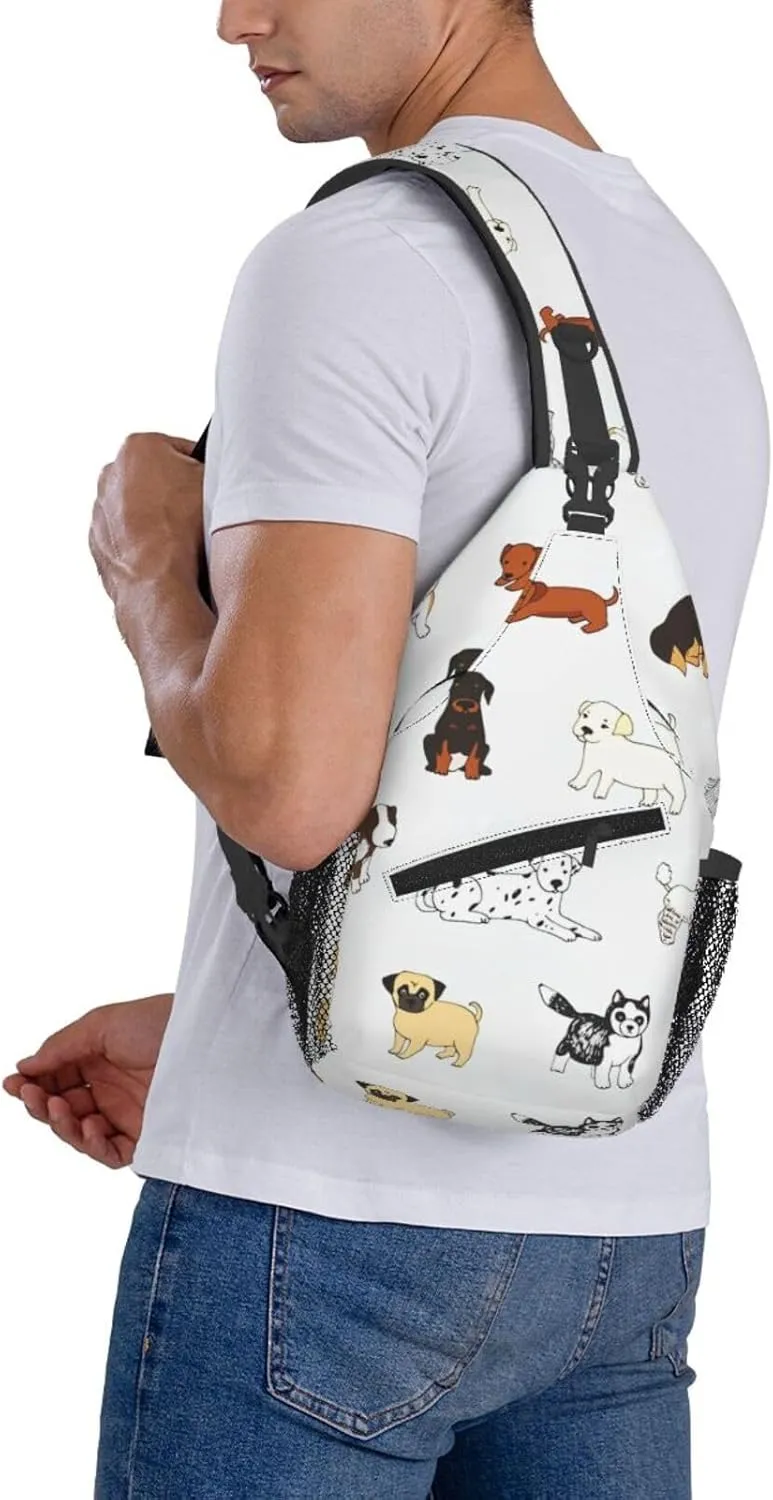 Crossbody Sling Bag for Men Women, Cartoon Doodle Puppy Dog Sling Backpack Shoulder Chest Bag, Anti Theft Travel Hiking Daypacks