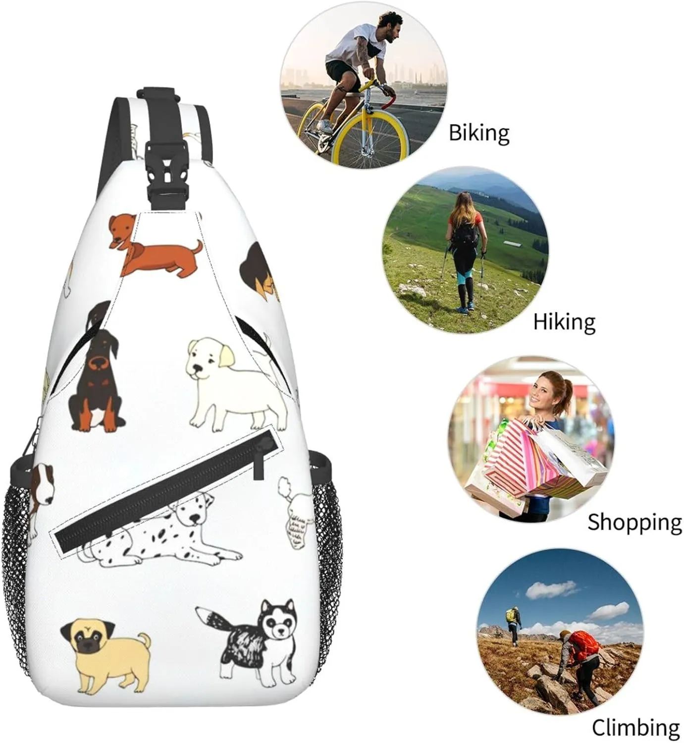 Crossbody Sling Bag for Men Women, Cartoon Doodle Puppy Dog Sling Backpack Shoulder Chest Bag, Anti Theft Travel Hiking Daypacks