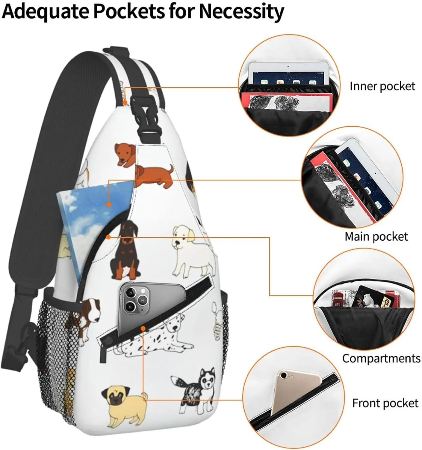 Crossbody Sling Bag for Men Women, Cartoon Doodle Puppy Dog Sling Backpack Shoulder Chest Bag, Anti Theft Travel Hiking Daypacks