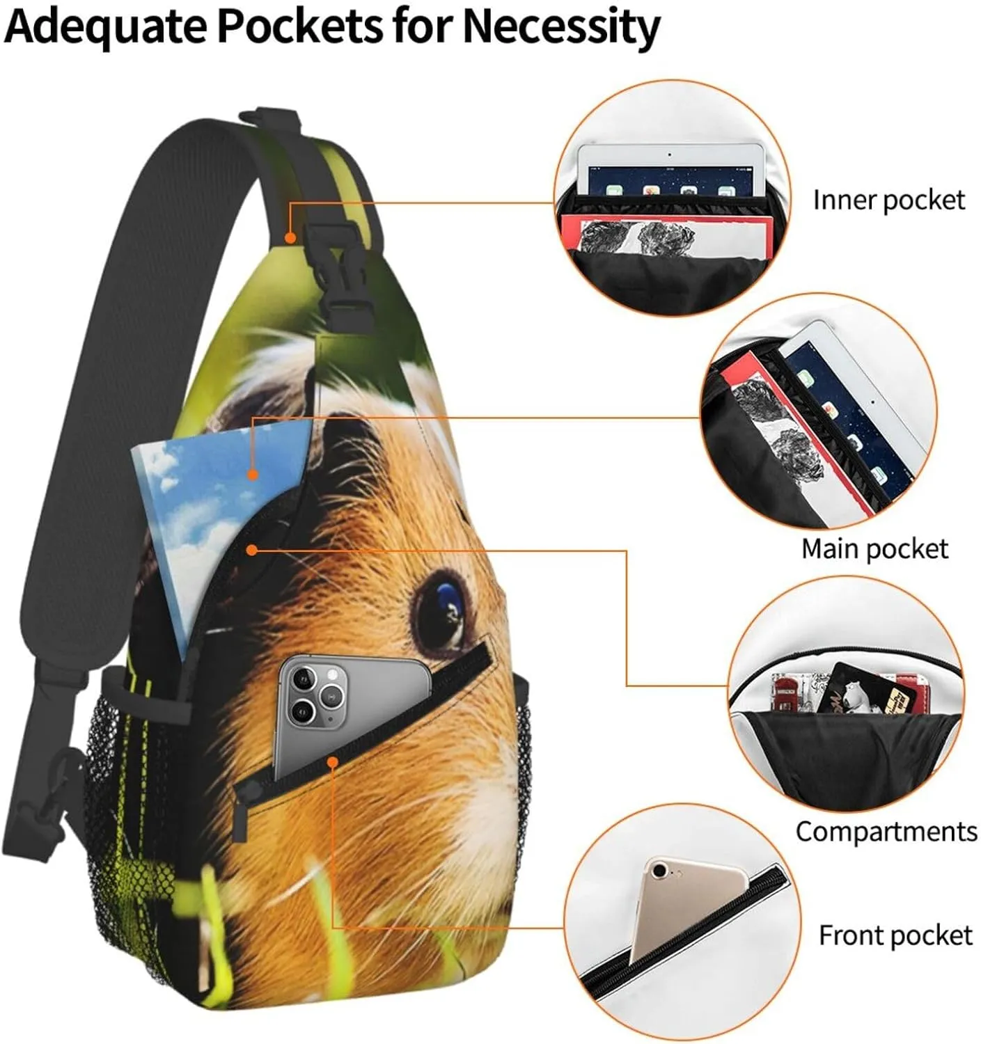 Crossbody Sling Bag for Men Women, Cute Guinea Pig Sling Backpack Shoulder Chest Bag, Anti Theft Travel Hiking Daypacks