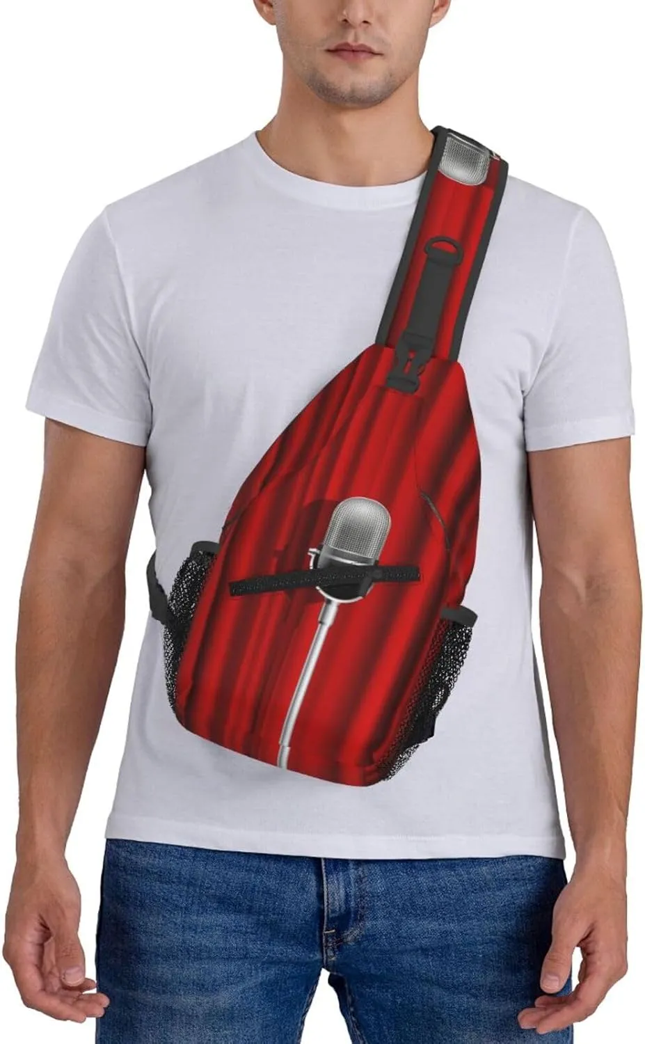 Crossbody Sling Bag for Men Women, Microphone Red Curtain Stage Sling Backpack Shoulder Chest Bag, Anti Theft Travel Hiking Daypacks