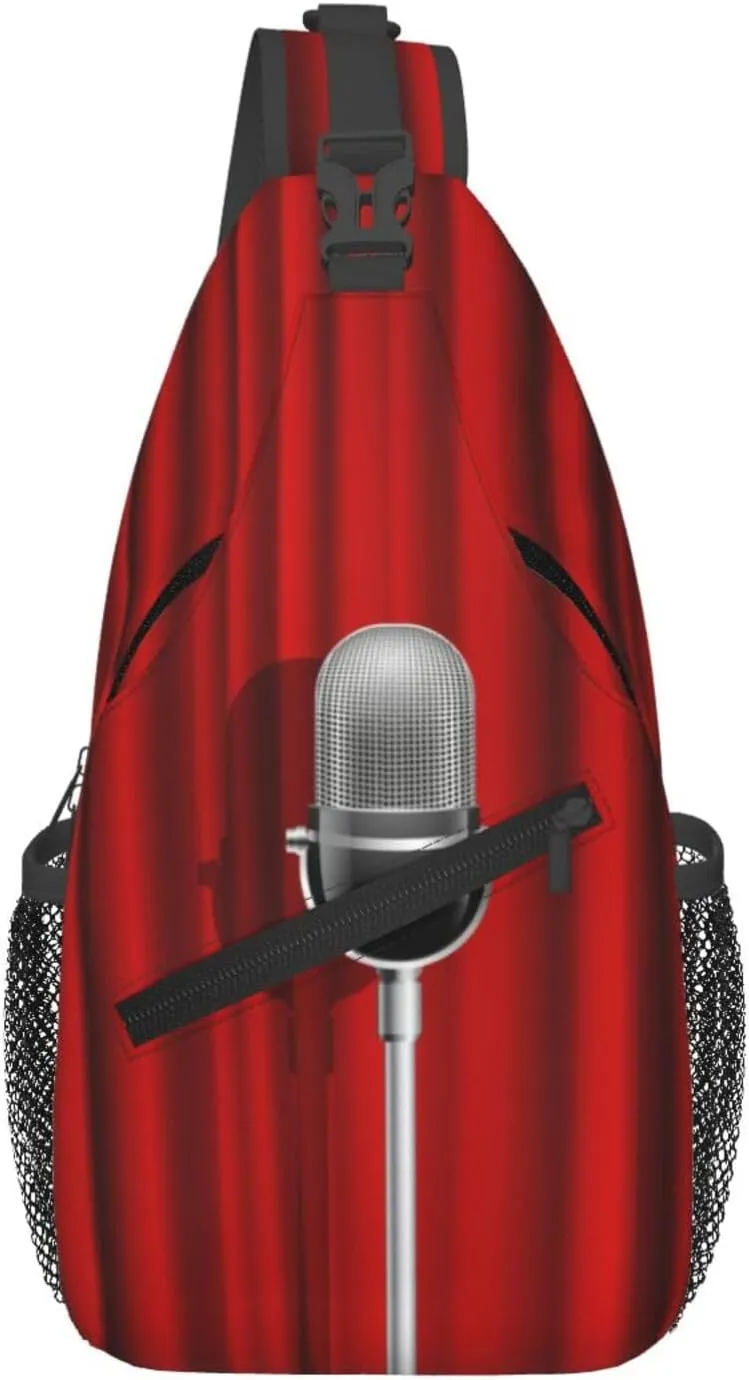 Crossbody Sling Bag for Men Women, Microphone Red Curtain Stage Sling Backpack Shoulder Chest Bag, Anti Theft Travel Hiking Daypacks
