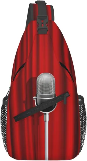 Crossbody Sling Bag for Men Women, Microphone Red Curtain Stage Sling Backpack Shoulder Chest Bag, Anti Theft Travel Hiking Daypacks