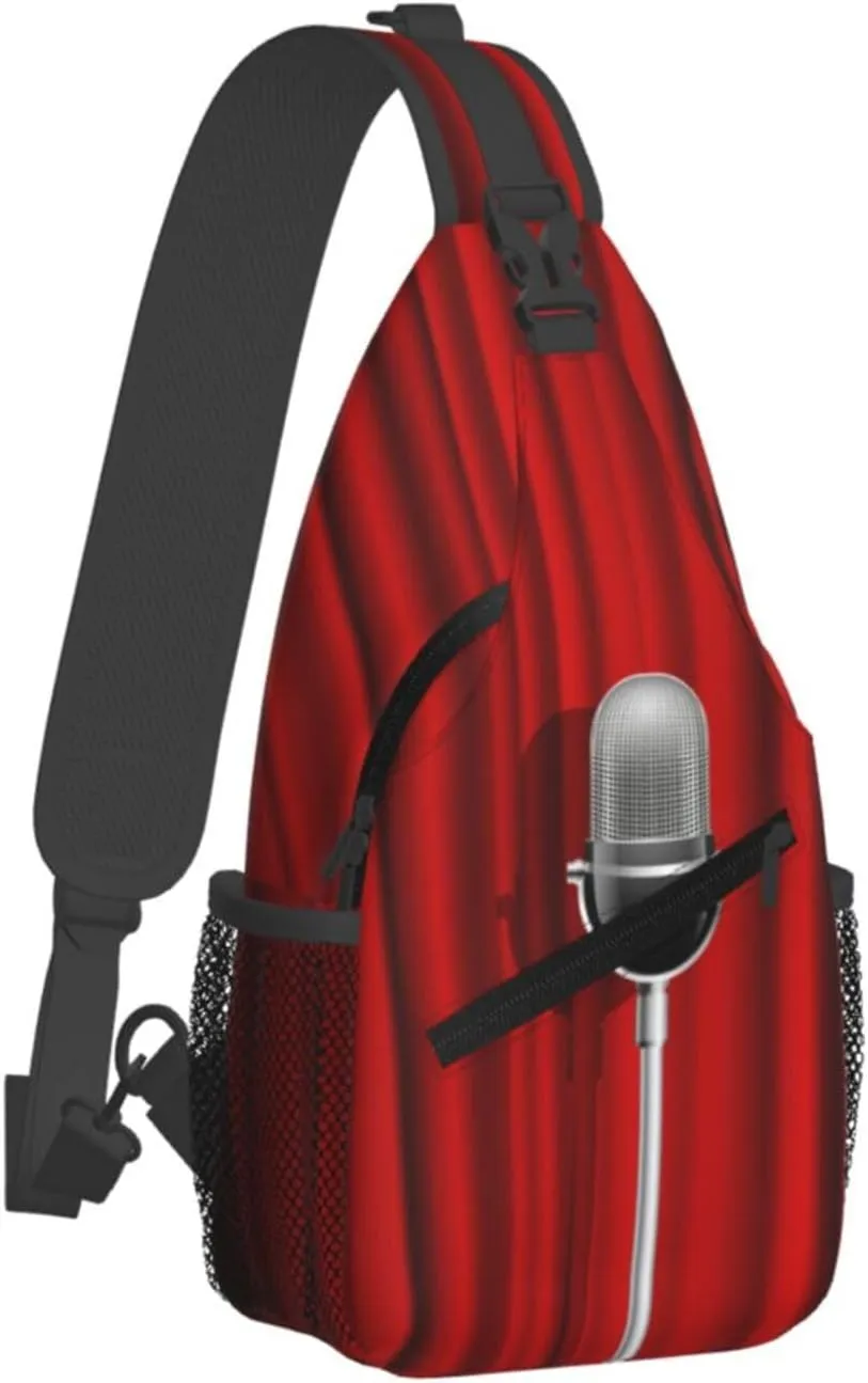 Crossbody Sling Bag for Men Women, Microphone Red Curtain Stage Sling Backpack Shoulder Chest Bag, Anti Theft Travel Hiking Daypacks