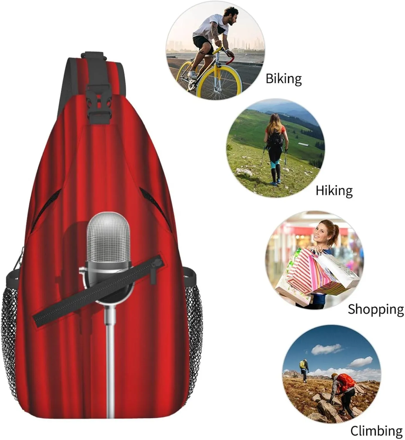 Crossbody Sling Bag for Men Women, Microphone Red Curtain Stage Sling Backpack Shoulder Chest Bag, Anti Theft Travel Hiking Daypacks