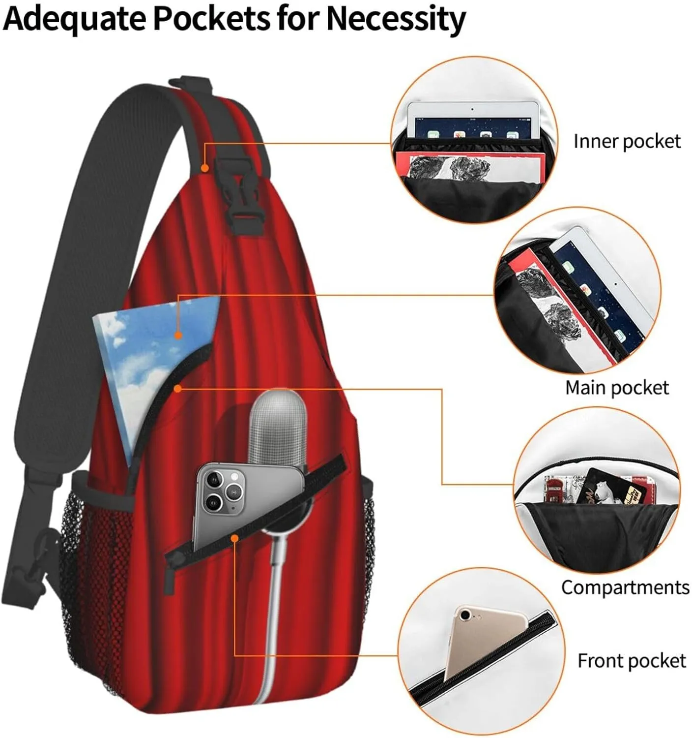 Crossbody Sling Bag for Men Women, Microphone Red Curtain Stage Sling Backpack Shoulder Chest Bag, Anti Theft Travel Hiking Daypacks