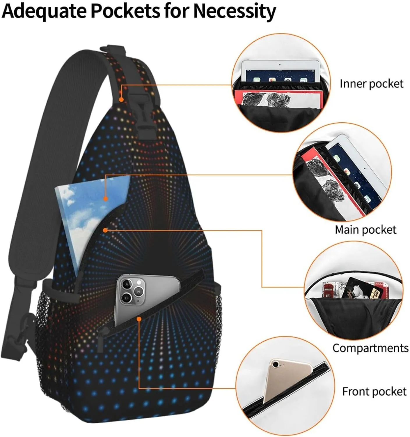 Crossbody Sling Bag for Men Women, Triangular Polka Dots Tunnel Sling Backpack Shoulder Chest Bag, Anti Theft Travel Hiking Daypacks
