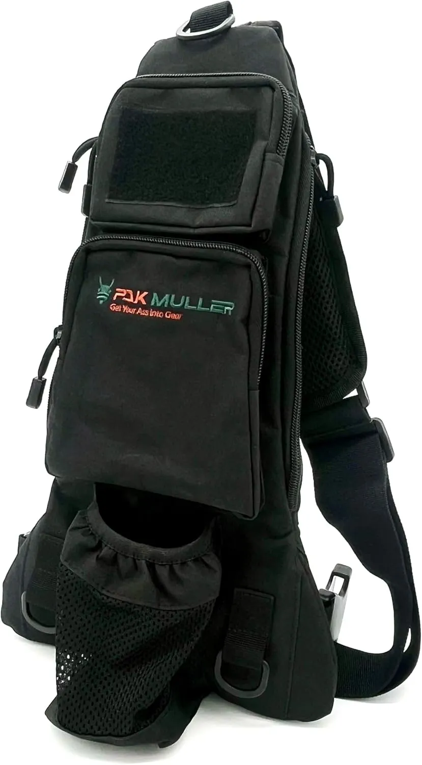 Crossbody Sling Bag Water Bottle Holder, RFID Back Pocket, Travel, Hiking, Everyday Go Bag, Chest Bag, Unisex, Slim Profile, Mid-Size (Black)