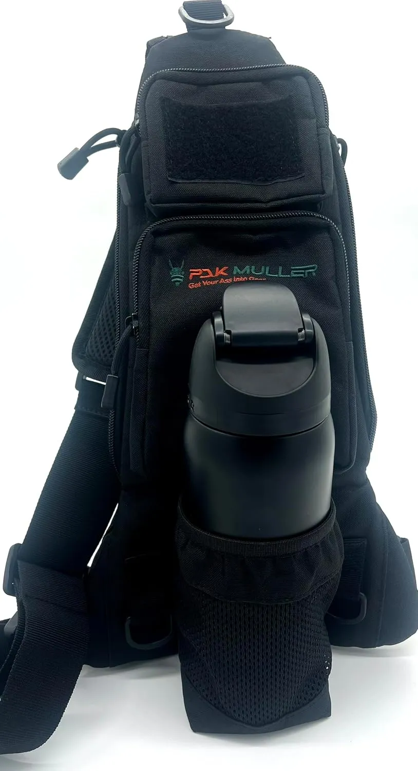 Crossbody Sling Bag Water Bottle Holder, RFID Back Pocket, Travel, Hiking, Everyday Go Bag, Chest Bag, Unisex, Slim Profile, Mid-Size (Black)