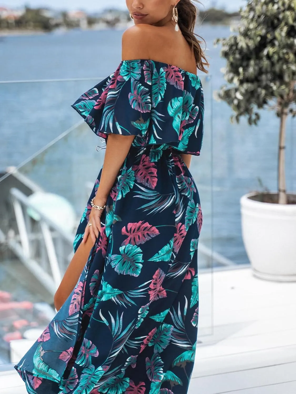 CUPSHE Women Ruffle Floral Maxi Summer Dress Off Shoulder Short Sleeve Backless Flounce Bodice Slit Hem Beach Dresses