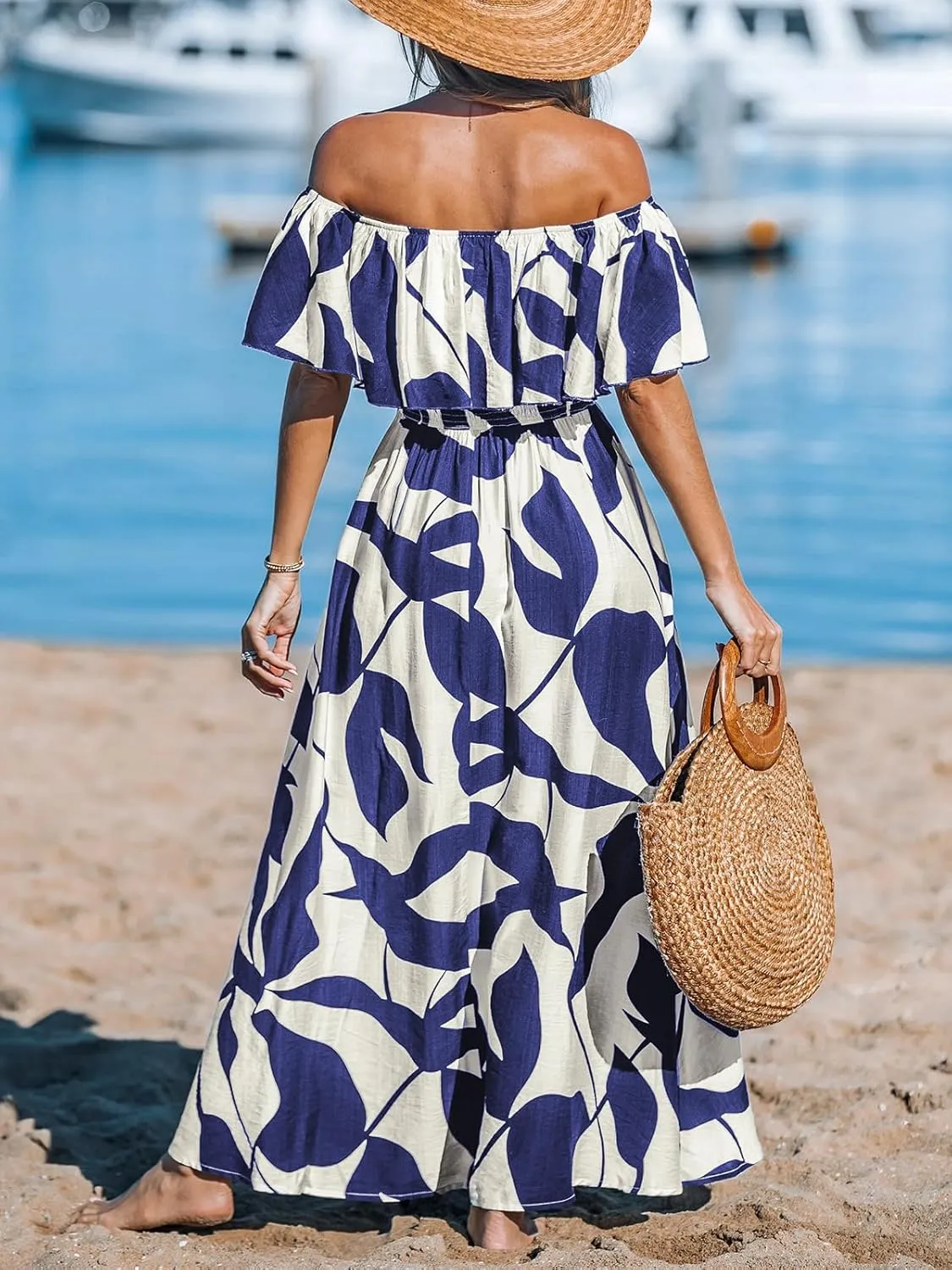 CUPSHE Women Ruffle Floral Maxi Summer Dress Off Shoulder Short Sleeve Backless Flounce Bodice Slit Hem Beach Dresses